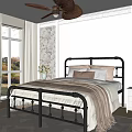 Cozy Bedroom Interior With Black Metal Bed Frame Pillows Blanket Floral Wallpaper And Ceiling Fan