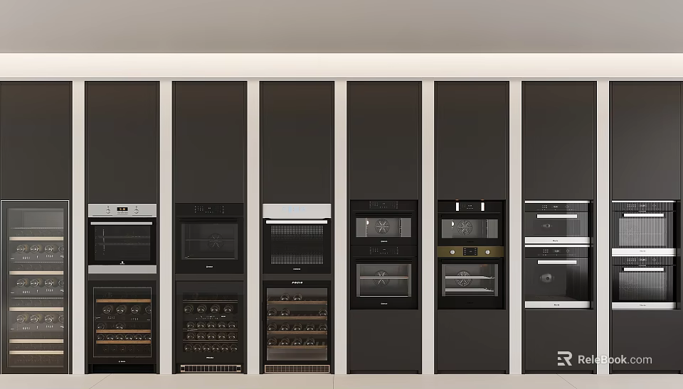 Modern Built in Kitchen Appliances With Dark Cabinets White Trim Ovens And Wine Coolers 3d model 