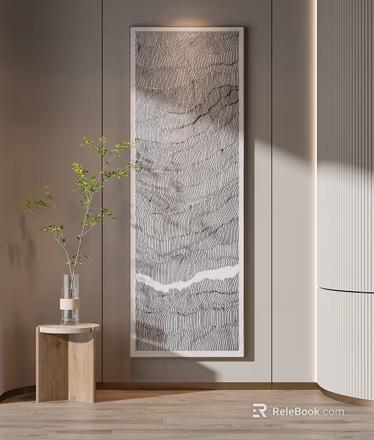 Vertical Abstract Line Art Painting in Modern Interior with Green Plant Vase on Wooden Table 3d model 