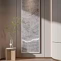 Vertical Abstract Line Art Painting in Modern Interior with Green Plant Vase on Wooden Table