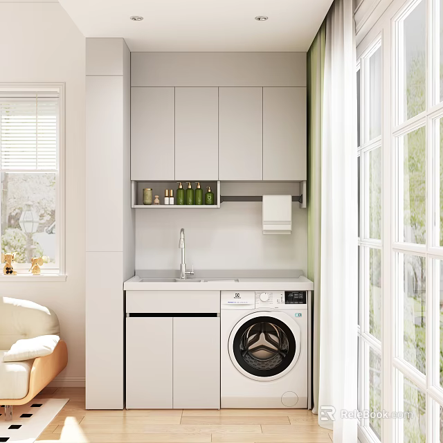 Home Balcony Laundry Corner With Washing Machine Sink Storage Cabinets And Green Plants 3d model 
