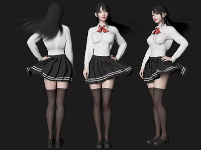 Woman Wearing White Top Black Pleated Skirt Red Bow and Long Hair in Three Views 3d model