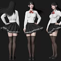 Woman Wearing White Top Black Pleated Skirt Red Bow and Long Hair in Three Views
