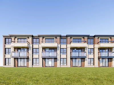 Modern Townhouse Row With Balconies Green Lawn And Front Exterior Design 3d model
