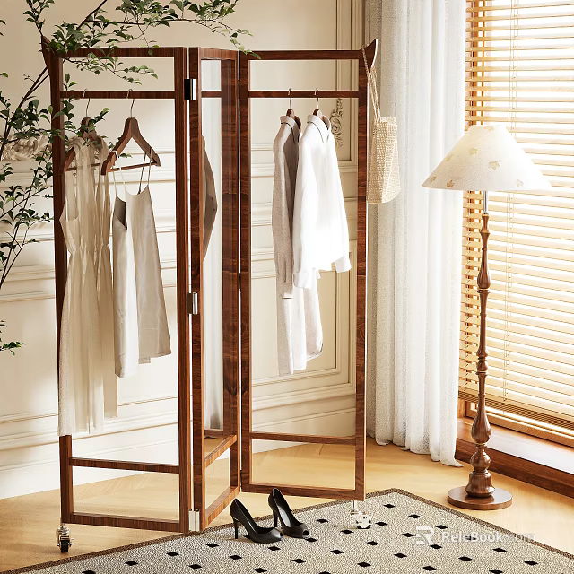 Wooden Clothes Rack with Hanging White Shirts and Dresses in Bright Interior With Natural Light 3d model 