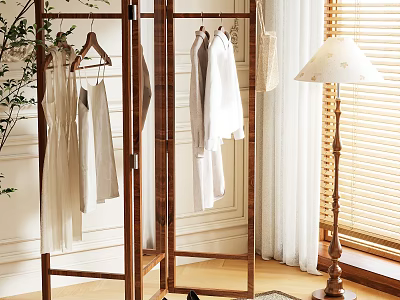 Wooden Clothes Rack with Hanging White Shirts and Dresses in Bright Interior With Natural Light 3d model