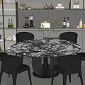 Modern Dining Table Set With Round Marble Tabletop Black Chairs And Kitchen Cabinets 3d model