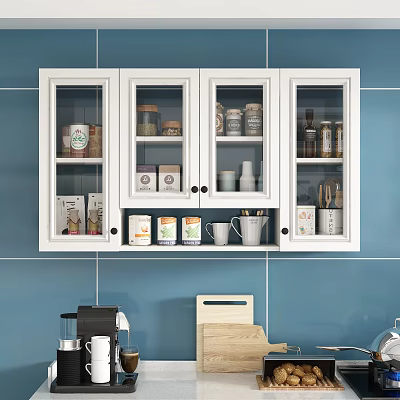 White Kitchen Wall Cabinets with Glass Doors Holding Jars Cups and Supplies on Blue Tiled Wall 3d model