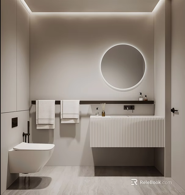 Modern Bathroom Interior With Circular Mirror Wall Mounted Vanity And Towels 3d model