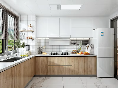 Modern Kitchen Interior With White Wooden Cabinets Tile Backsplash And Marble Flooring 3d model