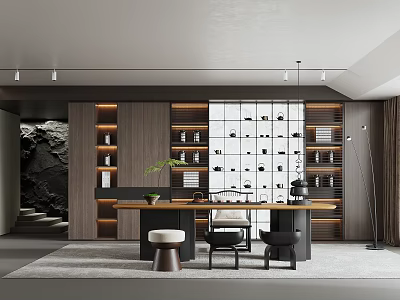 Modern Zen Tea Room Interior Design With Wooden Furniture Tea Sets And Green Plants 3d model