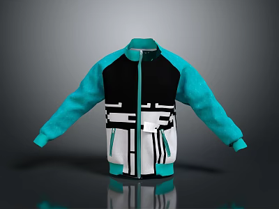 Modern Casual Jacket With Turquoise Black White Color Block Geometric Pattern And Zipper Front Sleeves 3d model