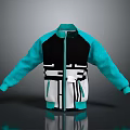 Modern Casual Jacket With Turquoise Black White Color Block Geometric Pattern And Zipper Front Sleeves