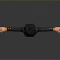 3D Child Model in Black Uniform with Yellow Buttons Standing Arms Outstretched on Gray Background