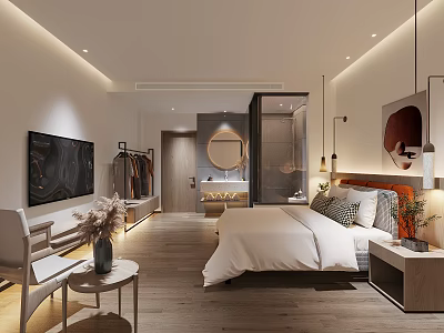 Modern Hotel Room Interior With King Bed Flat Screen TV And Wooden Flooring 3d model