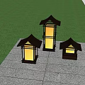Outdoor Lantern Light Combination in Garden with Stone Pavement and Green Bushes