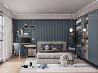 Cozy Kids Room With Navy Blue Striped Walls Bed Desk Chair Bookshelf And Stuffed Toys 3d model
