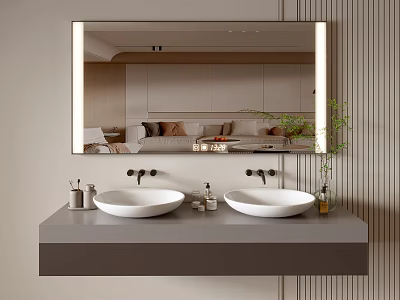 Modern Bathroom Vanity Cabinet Design With Double Sinks Illuminated Mirror And Plants 3d model