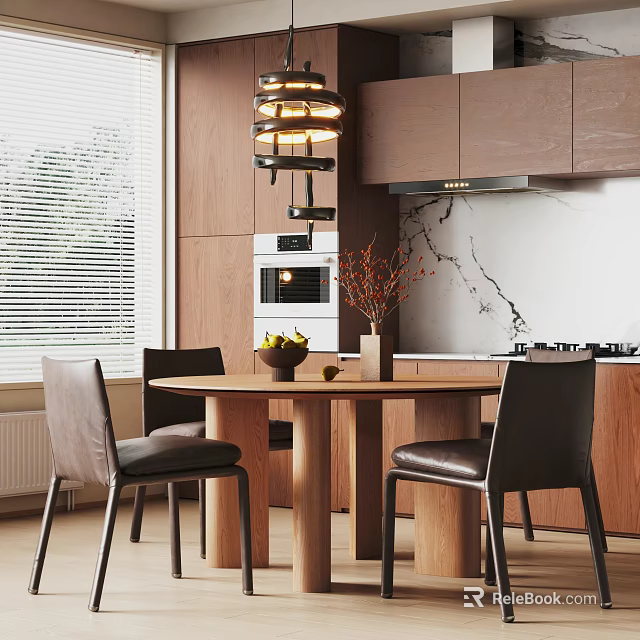 Modern Restaurant Kitchen With Round Dining Table Black Leather Chairs Pendant Lamp And Marble Backsplash 3d model 