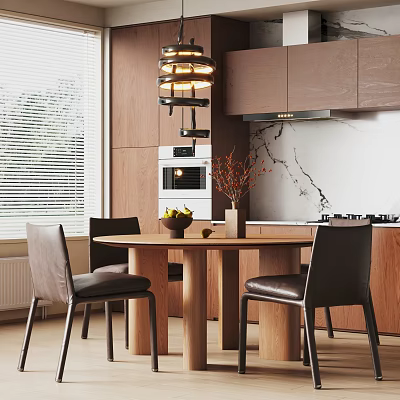 Modern Restaurant Kitchen With Round Dining Table Black Leather Chairs Pendant Lamp And Marble Backsplash 3d model