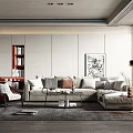 Modern Living Room Interior With Beige Sofa Throw Pillows Coffee Table And Artwork