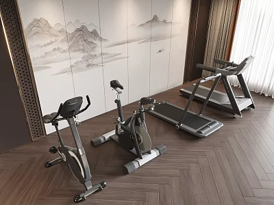 Indoor Sports Fitness Area With Treadmill Exercise Bikes And Mountain Painting Wall 3d model