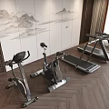 Indoor Sports Fitness Area With Treadmill Exercise Bikes And Mountain Painting Wall