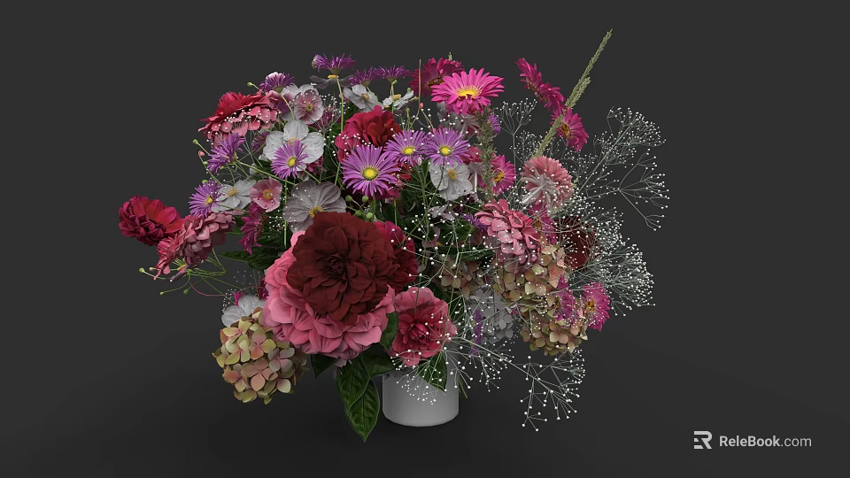Ceramic Vase With Vibrant Mixed Color Flowers For Home Decoration 3d model 
