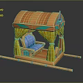 Decorative Pavilion Seat with Orange Striped Roof Yellow Curtains Blue Cushion on Bamboo like Supports