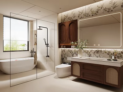 Modern Bathroom Interior Design With Bathtub Glass Shower Vanity Mirror And Wooden Cabinets 3d model