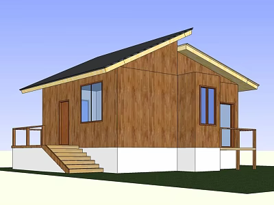 Wooden House With Brown Exterior Black Roof White Base Door Windows Steps And Balcony Railings 3d model