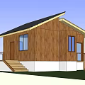 Wooden House With Brown Exterior Black Roof White Base Door Windows Steps And Balcony Railings