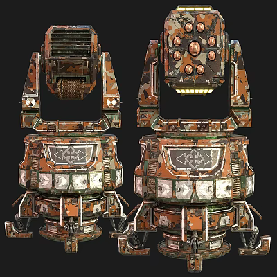 Camouflage Patterned Mechanical Structures With Complex Design Circular Components Illuminated Sections And Bracket Bases 3d model