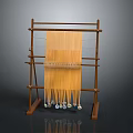Wooden Noodle Drying Rack with Hanging Fresh Noodles and Small Weights at the Bottom