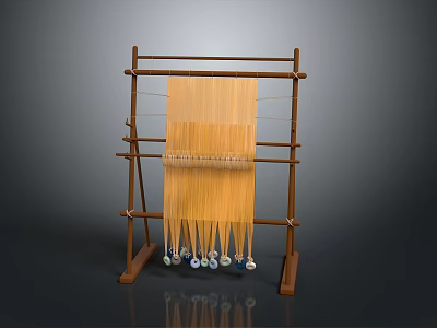 Wooden Noodle Drying Rack with Hanging Fresh Noodles and Small Weights at the Bottom 3d model