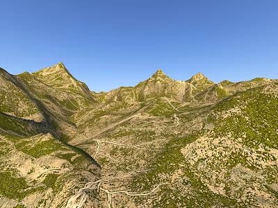 Scenic Mountain Landscape With Green Vegetation And Winding Paths Under Blue Sky 3d model