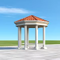 Octagonal Gazebo With Red Tiled Roof White Columns On Paved Ground And Green Lawn