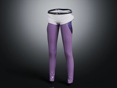 Slim Fit Purple Leggings with White Waistband and Black Belt Design 3d model