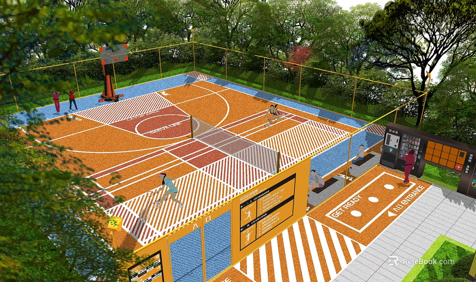 Outdoor Basketball Court Enclosed With Fence Surrounded By Trees And Colorful Surface Design 3d model 