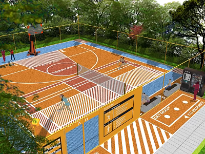 Outdoor Basketball Court Enclosed With Fence Surrounded By Trees And Colorful Surface Design 3d model