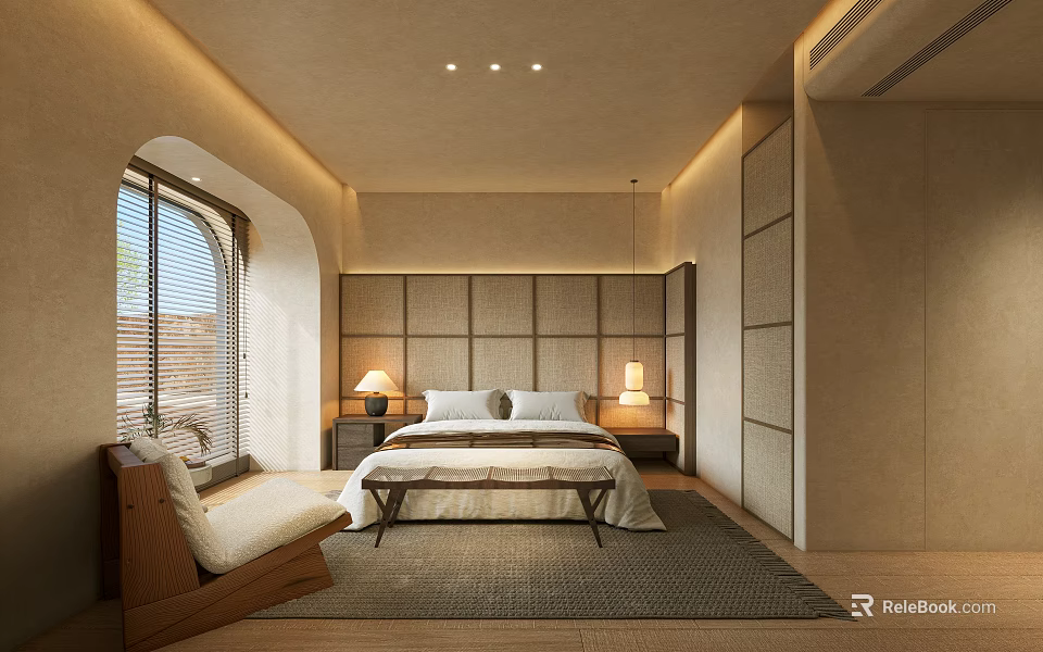 Modern Bedroom Interior With Arched Window Upholstered Headboard Wooden Nightstand And Area Rug 3d model 