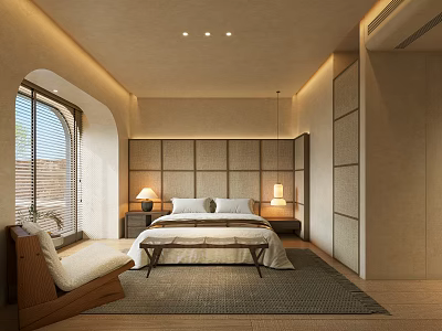 Modern Bedroom Interior With Arched Window Upholstered Headboard Wooden Nightstand And Area Rug 3d model