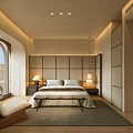 Modern Bedroom Interior With Arched Window Upholstered Headboard Wooden Nightstand And Area Rug