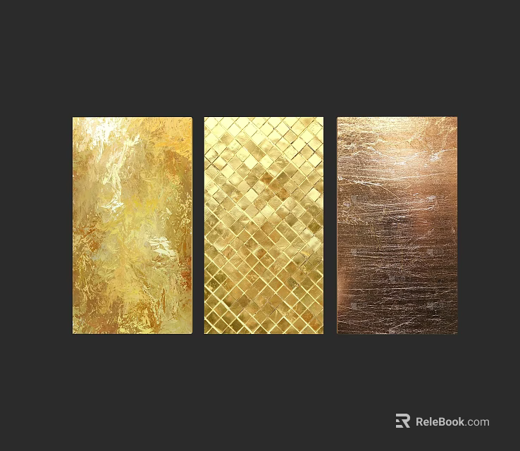 Three Gold And Copper Decorative Panels With Brushstroke Diamond And Stripe Textures 3d model 