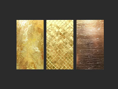 Three Gold And Copper Decorative Panels With Brushstroke Diamond And Stripe Textures 3d model
