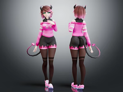 Anime Style Demon Girl Character With Horns Tail Pink Top And Black Shorts 3d model