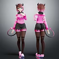 Anime Style Demon Girl Character With Horns Tail Pink Top And Black Shorts