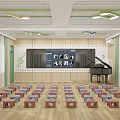 Elementary School Classroom with Piano Colorful Stools Ball Toys Wooden Floor and Musical Note Decorations