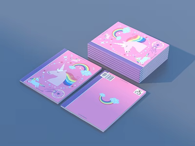 Stack of Colorful Magazines with Unicorn Rainbow and Clouds on Pink Covers 3d model