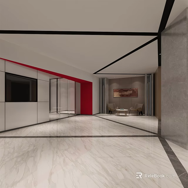 Modern Elevator Hallway Interior With Marble Floor Red Wall White Gray Walls And Glass Door 3d model 